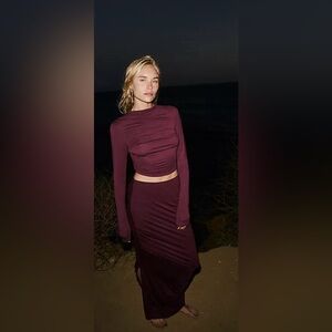 Free People Cierra Set Burgundy Long Sleeve Crop Top Maxi Skirt Open Back S